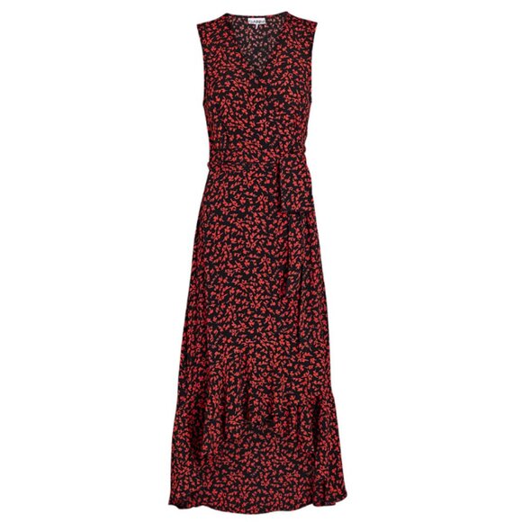 Ganni Black & Red Floral Logo Print High/Low Wrap Dress Womens 40 As Seen on TV - Picture 1 of 10